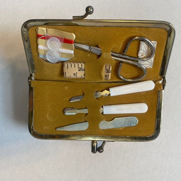 3 Stripe Vintage Travel Sewing Kit Coin Purse Compact Mirror Clutch - Picture 2 of 9